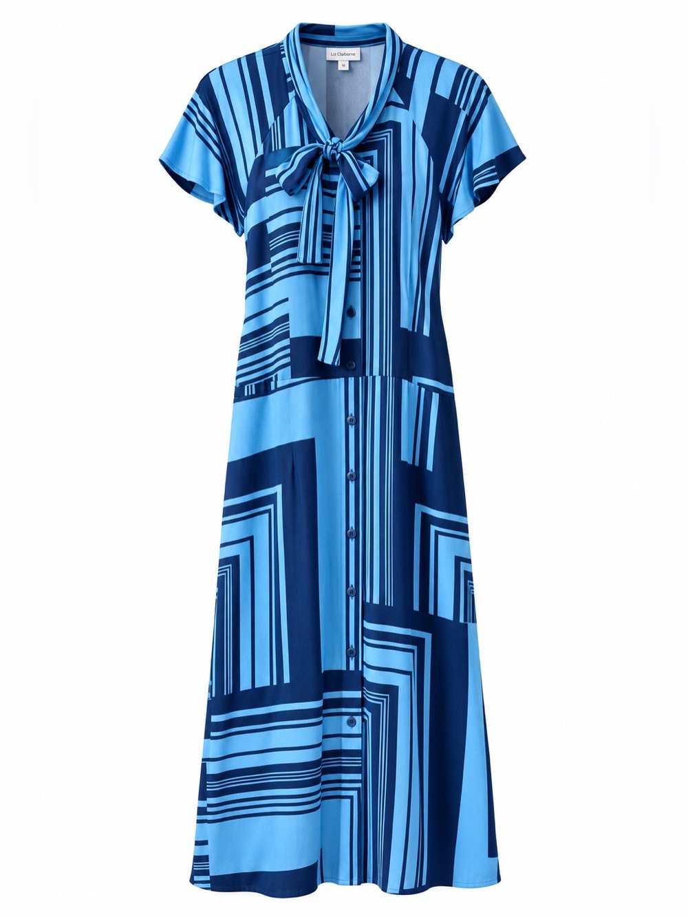 Liz Claiborne Geometric Blue Button-Front Midi Dress Size 10